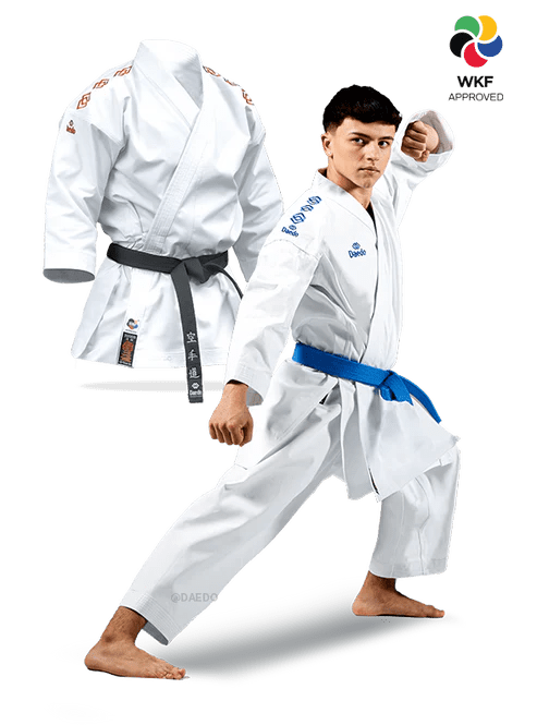 Karategi Daedo Kata Premier League WKF white with double jacket front view.