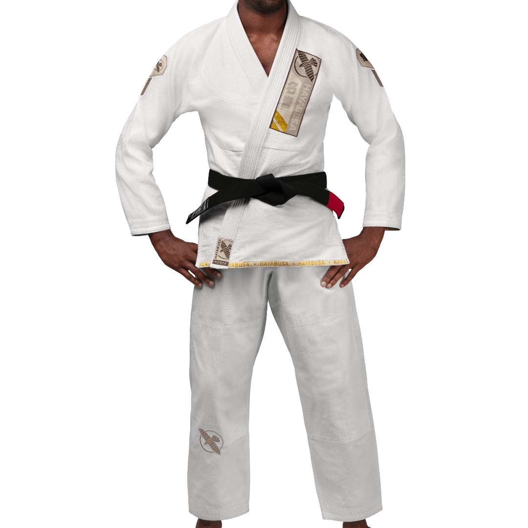Front view of white Hayabusa Ascend Lightweight BJJ kimono with kanji patch