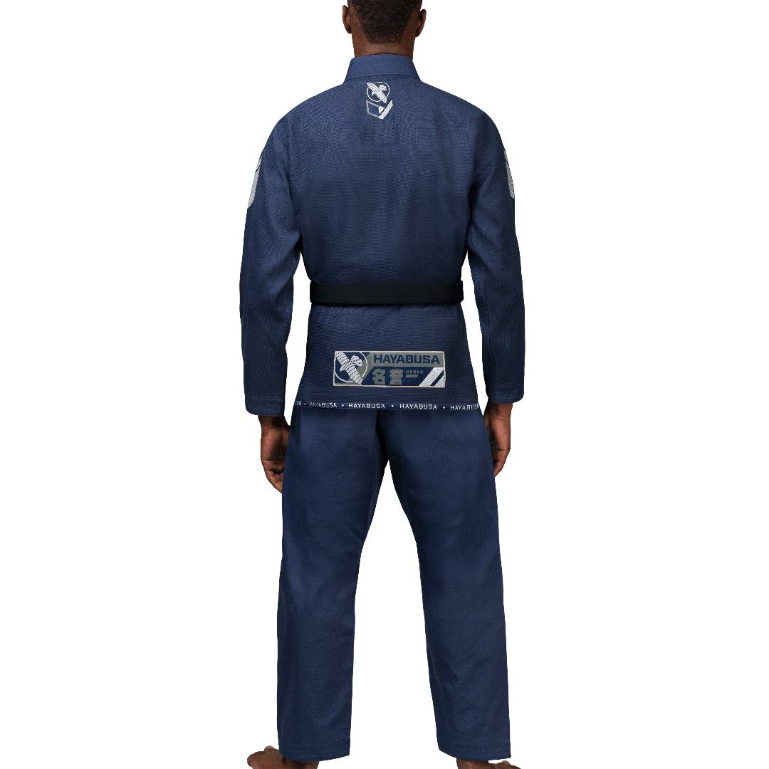 Rear view of the navy Hayabusa Gi with ripstop pants and reinforced jacket
