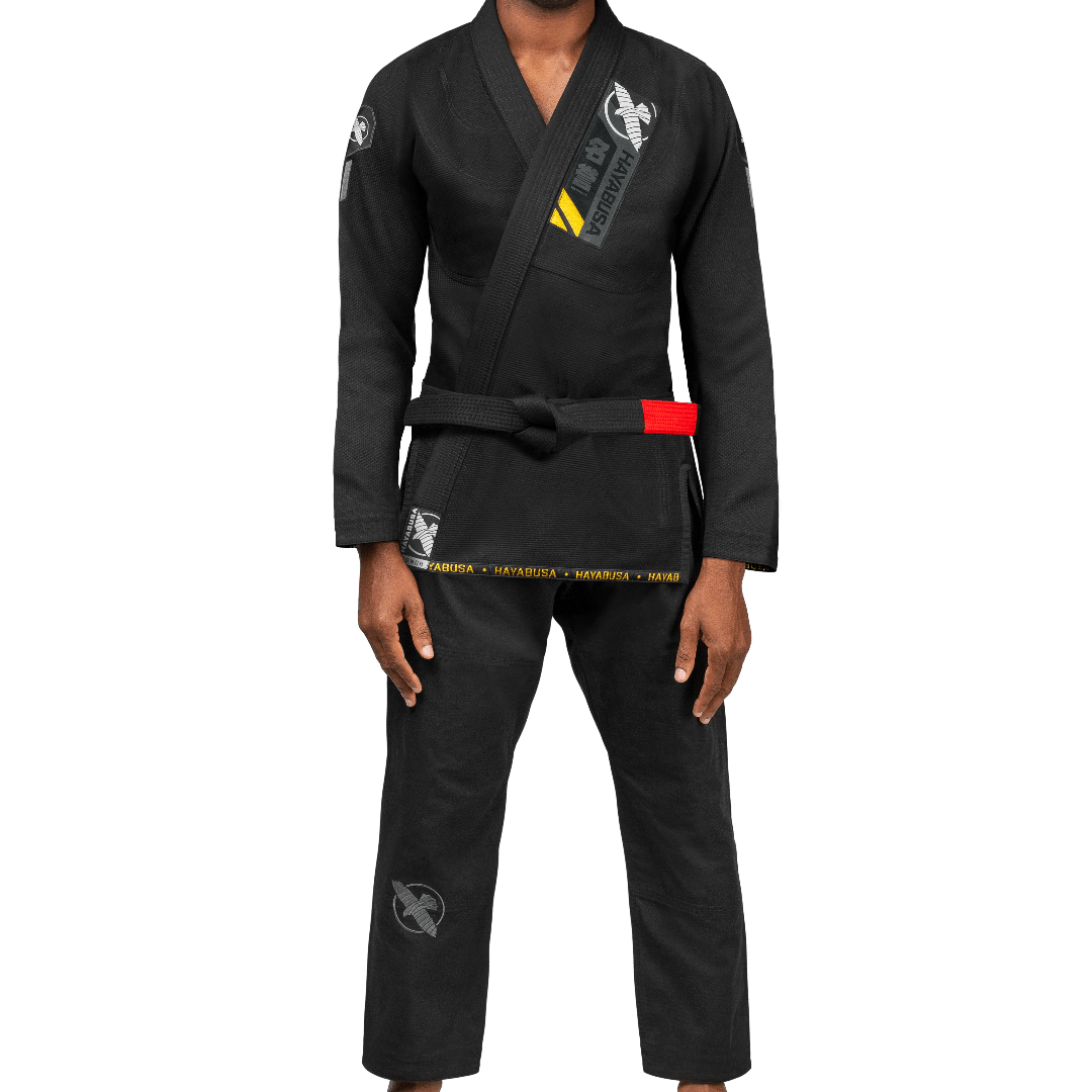 Front view of the black Hayabusa Ascend Lightweight competition kimono