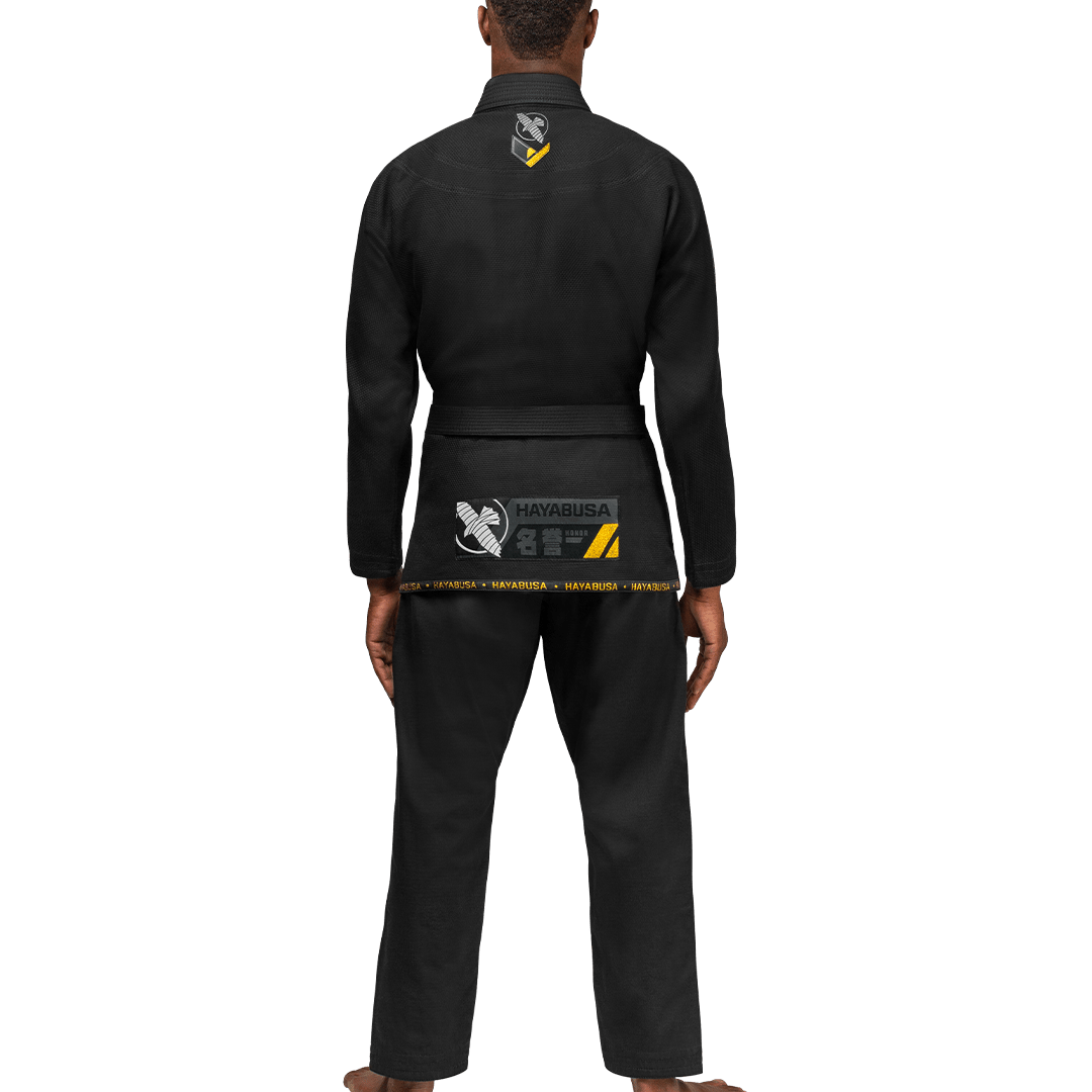 Rear view of the Hayabusa Black Gi, highlighting the lightweight design and reinforcements