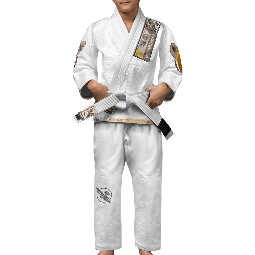 Front view of children's white Hayabusa Ascend Youth BJJ kimono with white belt