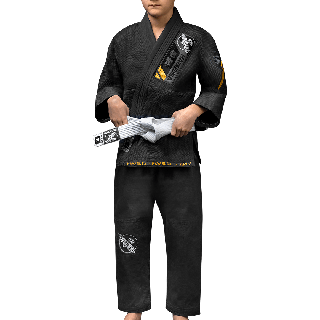 Front view of the black Hayabusa Ascend Youth BJJ kimono with contrasting embroidery