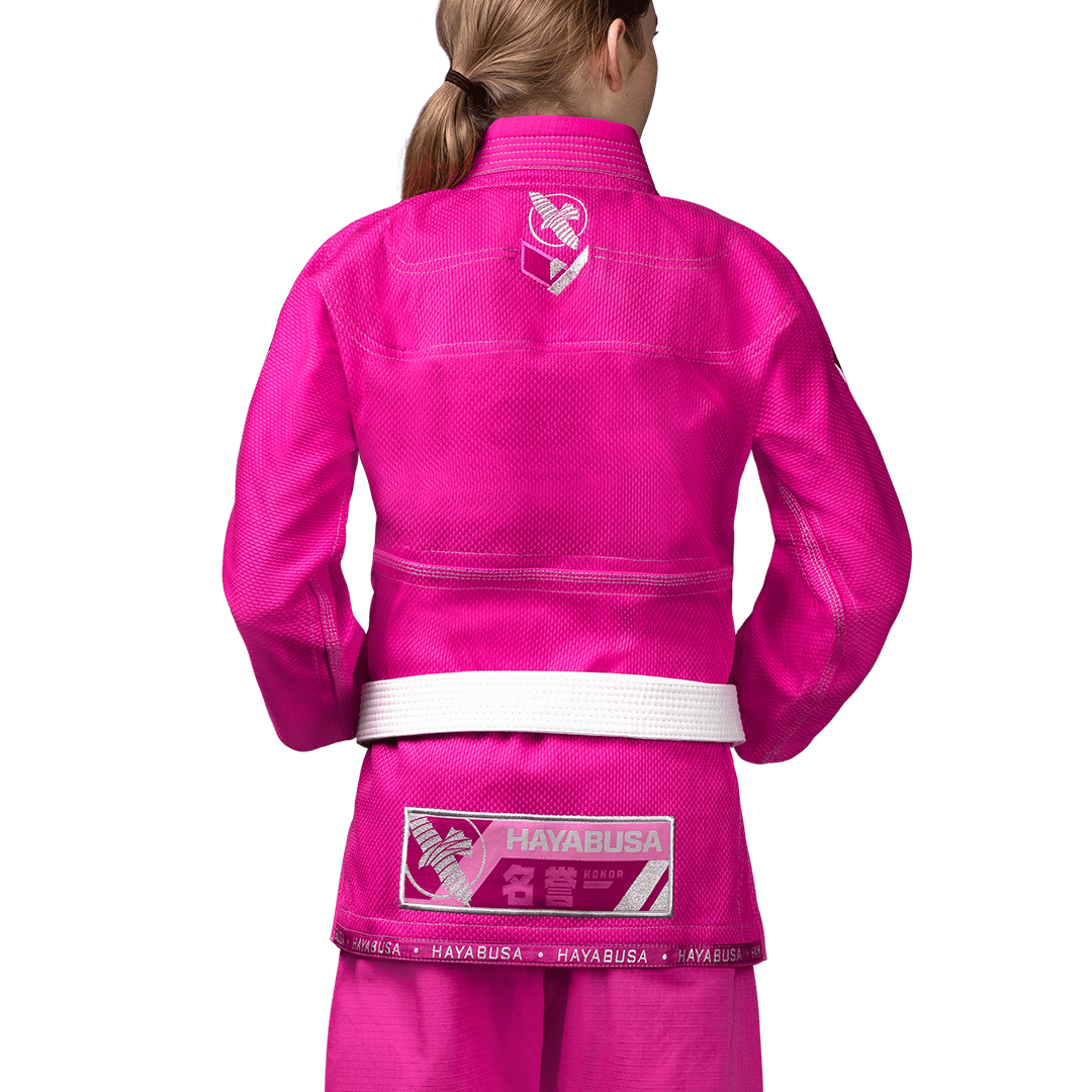 Rear view of the pink Hayabusa BJJ kimono with shoulder reinforcements