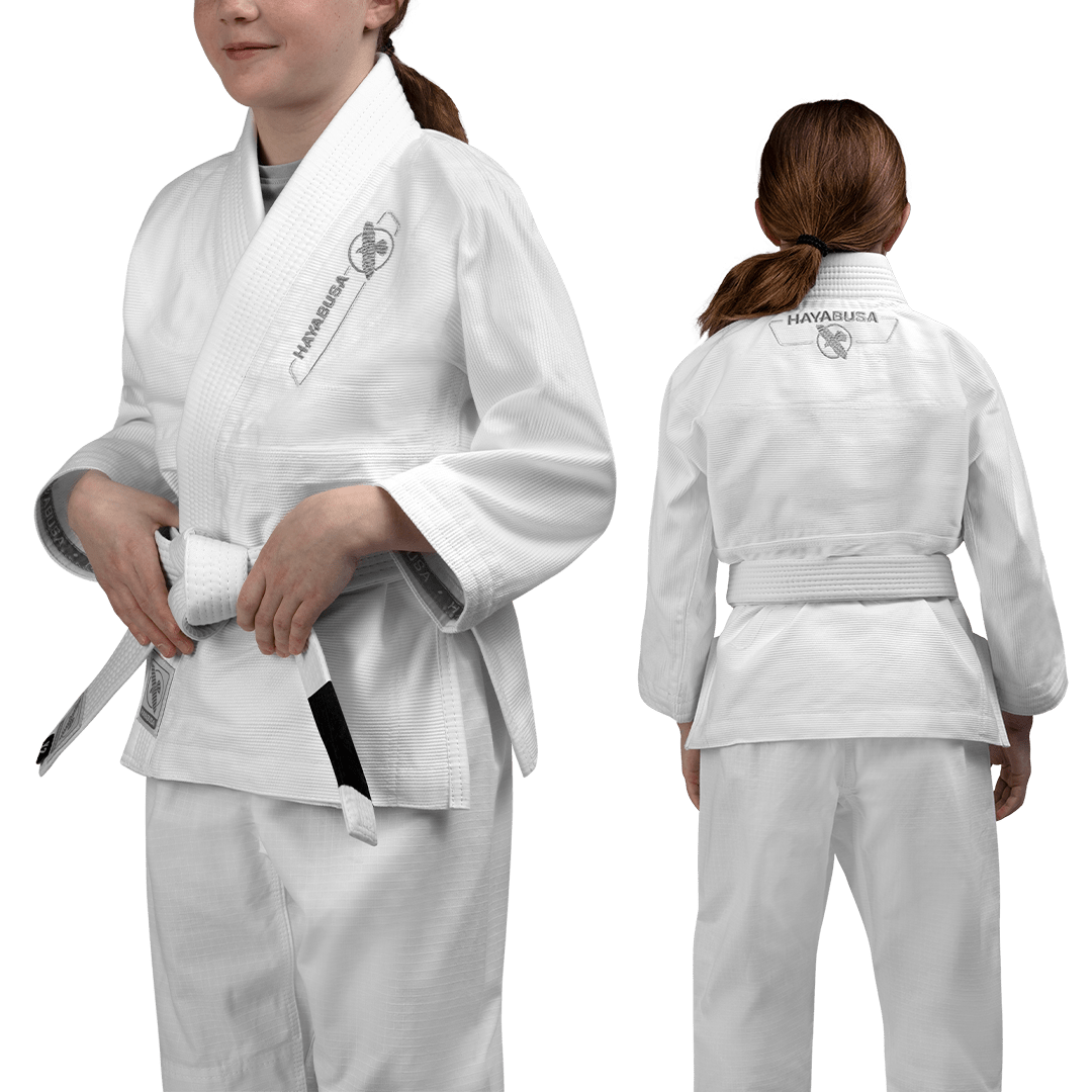 Kombinierte Vorder- und Rückansicht des weißen Hayabusa Essential Kids BJJ-Kimonos
