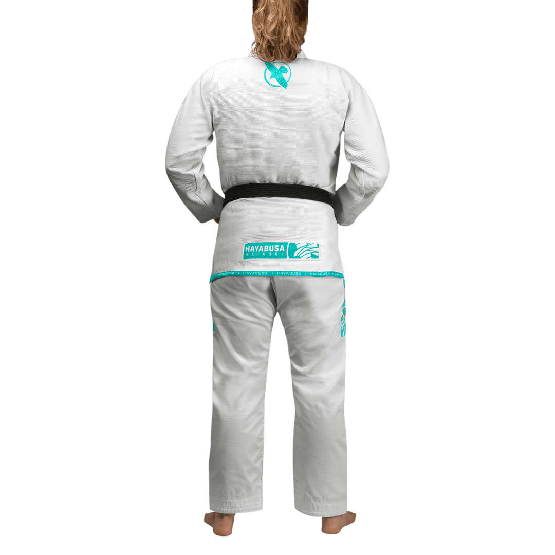 Rear view of the white and light blue variant of the Gi Hayabusa