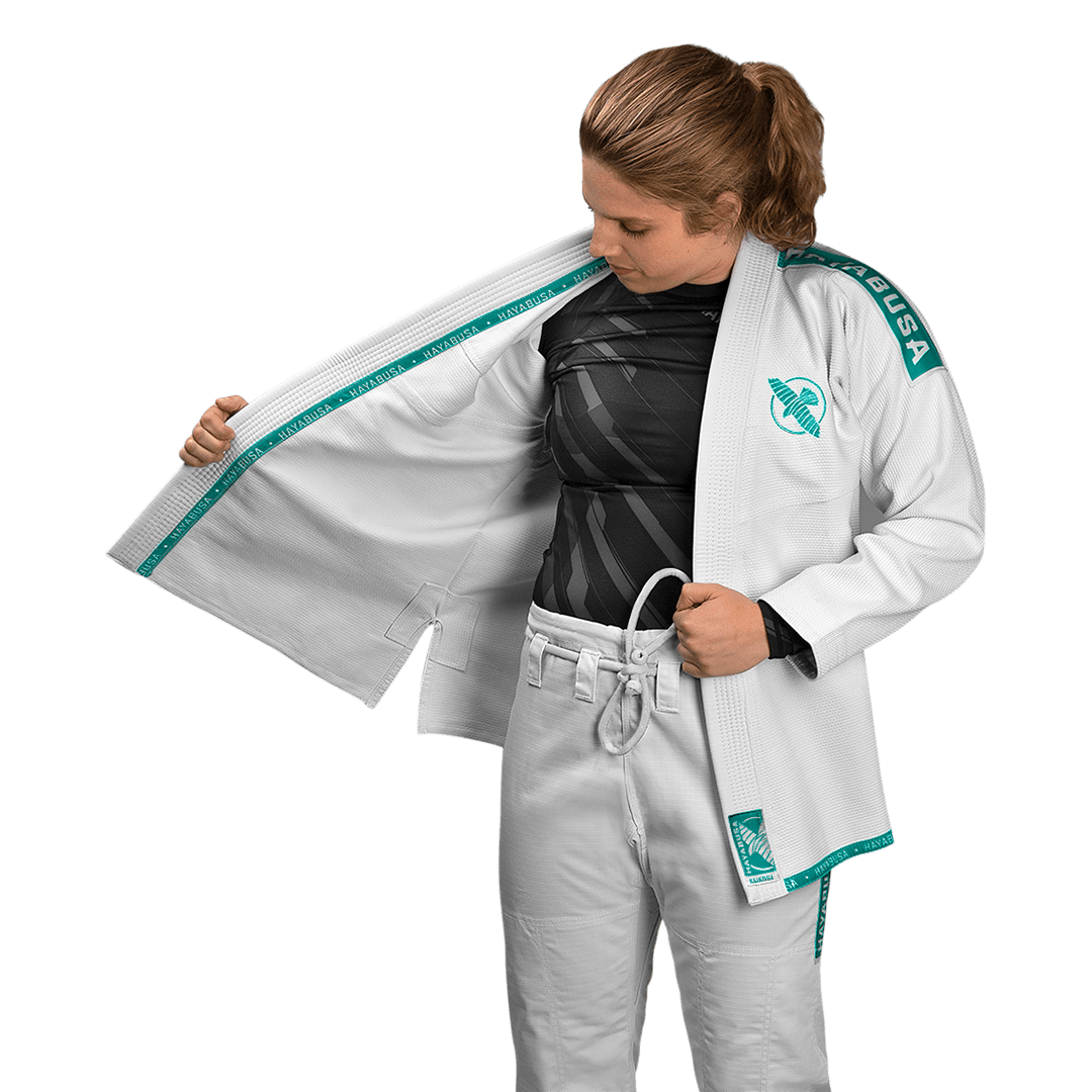 Internal detail of the white and light blue kimono showing the construction quality
