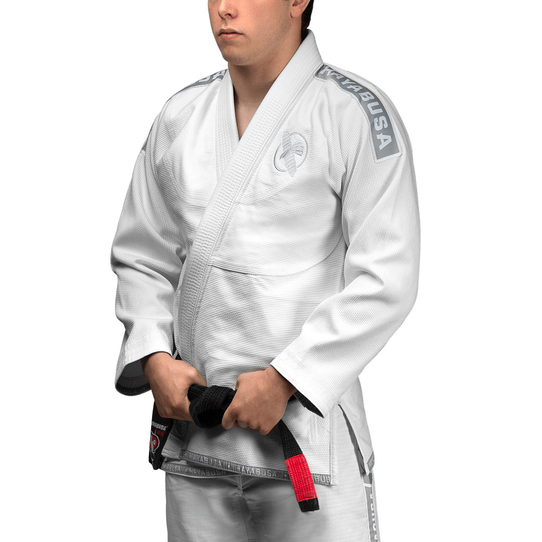 Front view of the white Hayabusa Lightweight BJJ kimono for IBJJF competitions