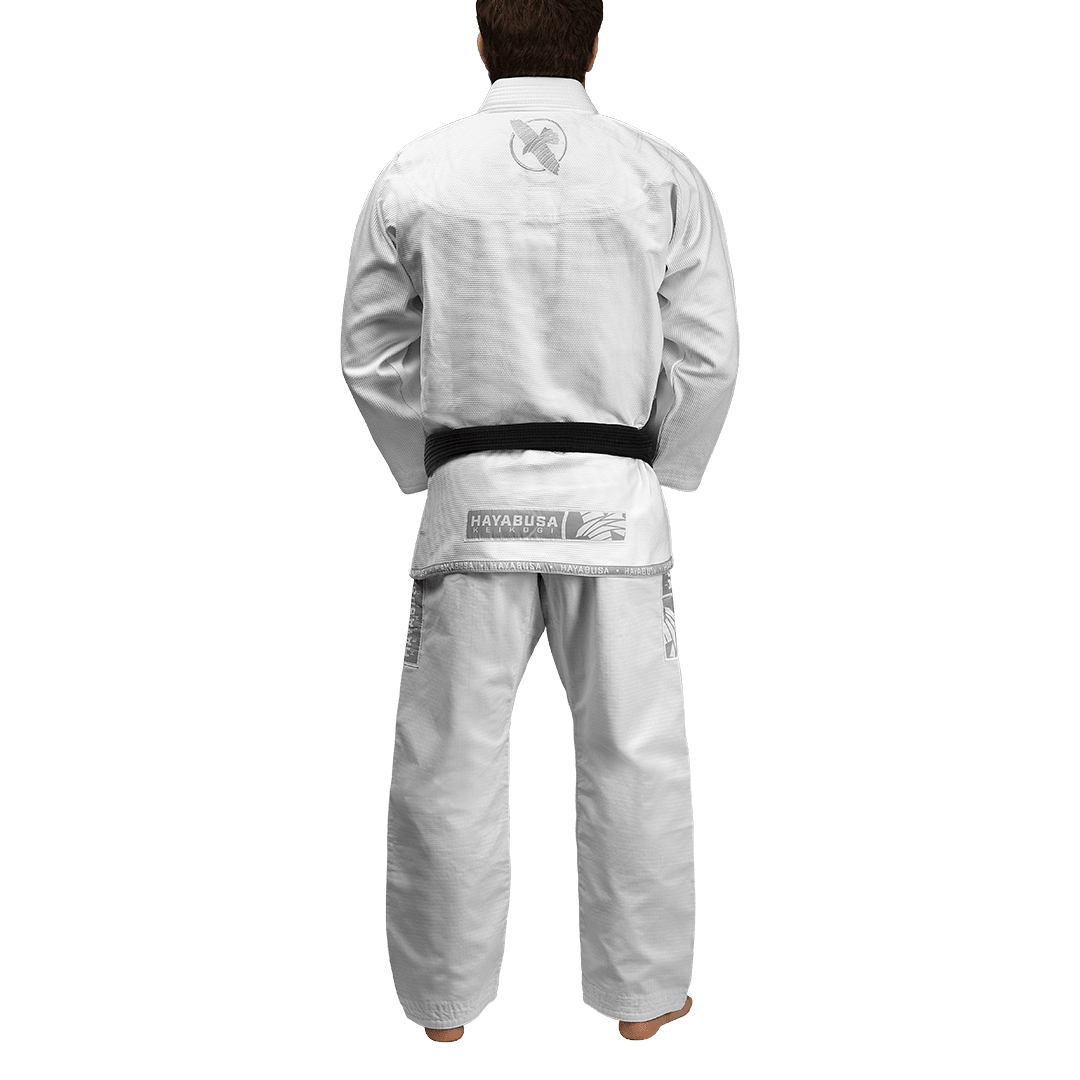 Back view of the Hayabusa White Gi, lightweight and athletic design