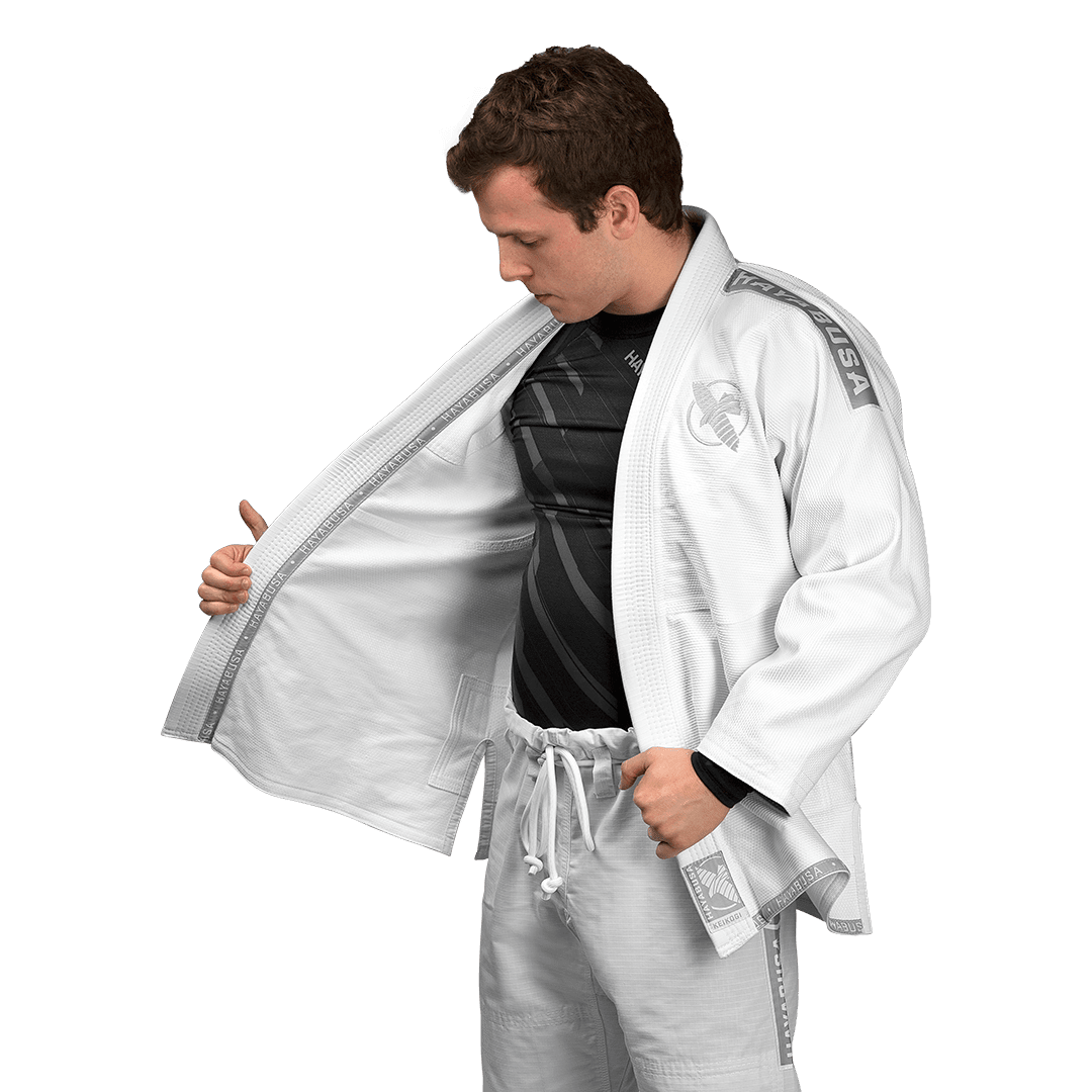 View of the inside of the reinforced collar of the white Hayabusa kimono