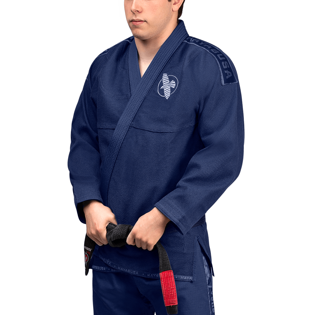 Front view of the navy blue BJJ Hayabusa Lightweight kimono