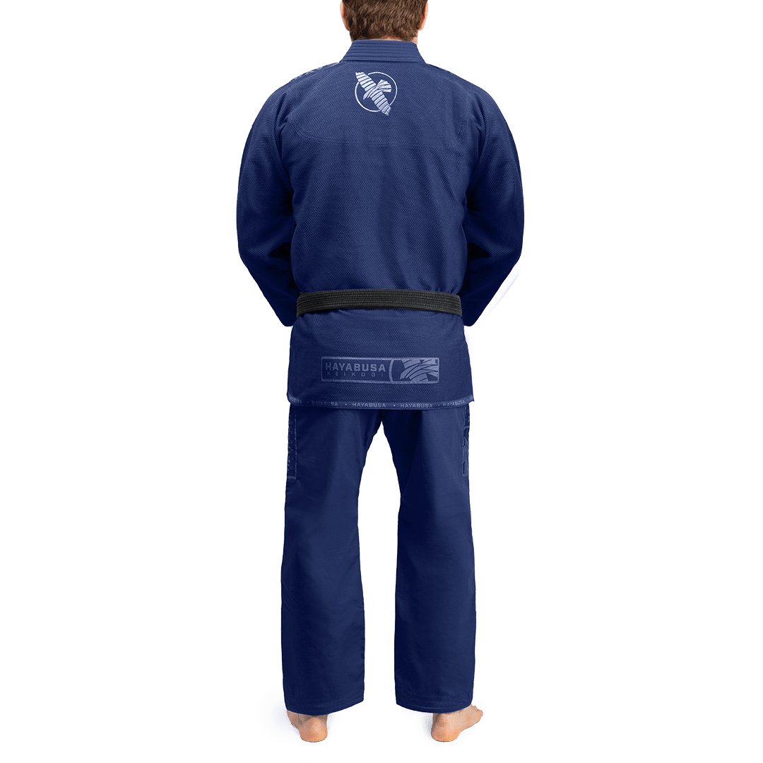Rear view of the Hayabusa navy blue gi in ripstop and pearl weave fabric