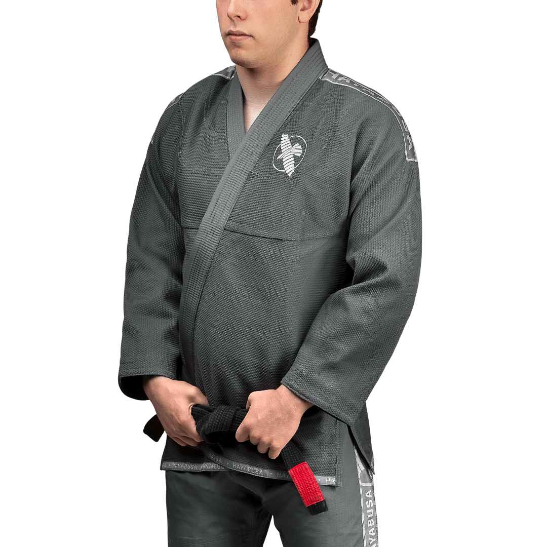 Front view of gray BJJ Hayabusa Lightweight kimono with minimalist patches