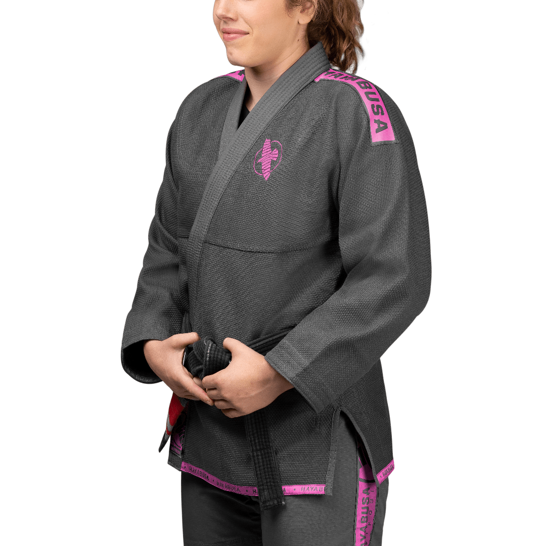 Front view of the gray BJJ Hayabusa Lightweight kimono with pink details and logos