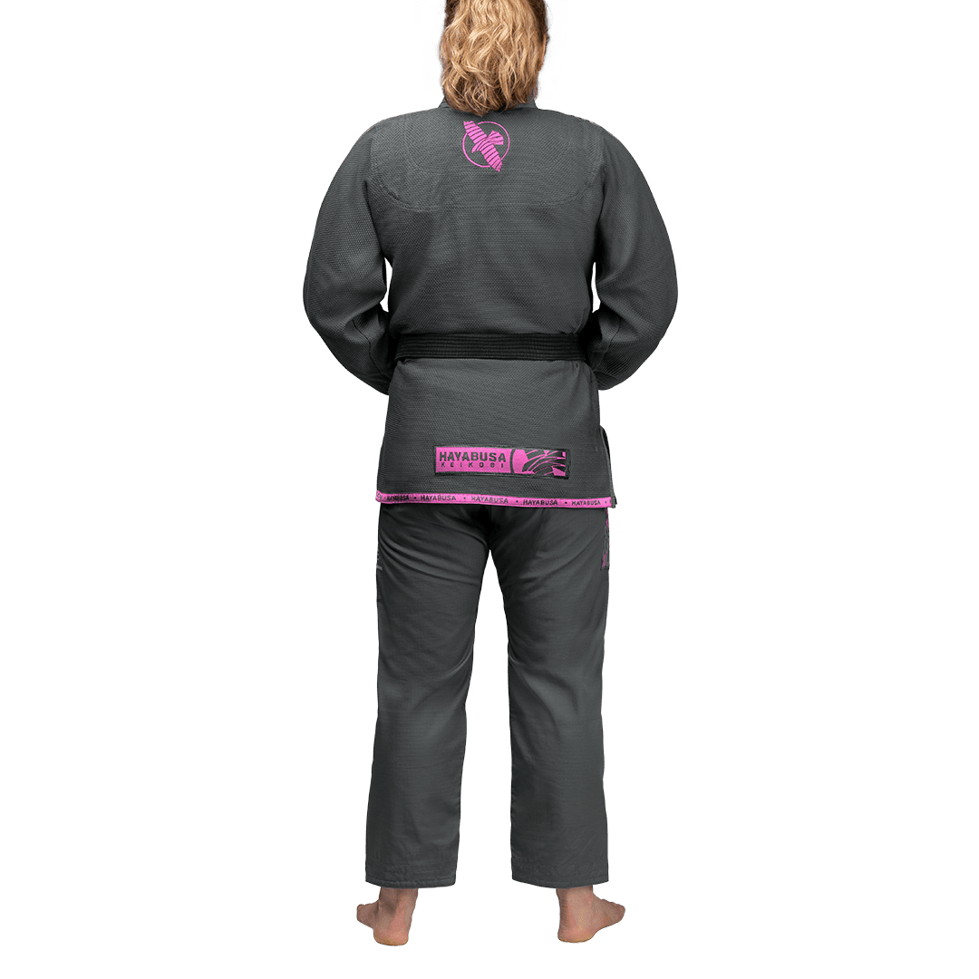 Rear view of the gray and pink Hayabusa Gi, ideal for female athletes and boys