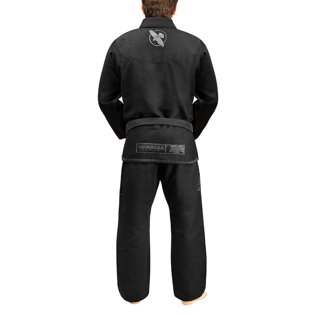 Rear view of the black Hayabusa Gi, highlighting the ergonomic cut