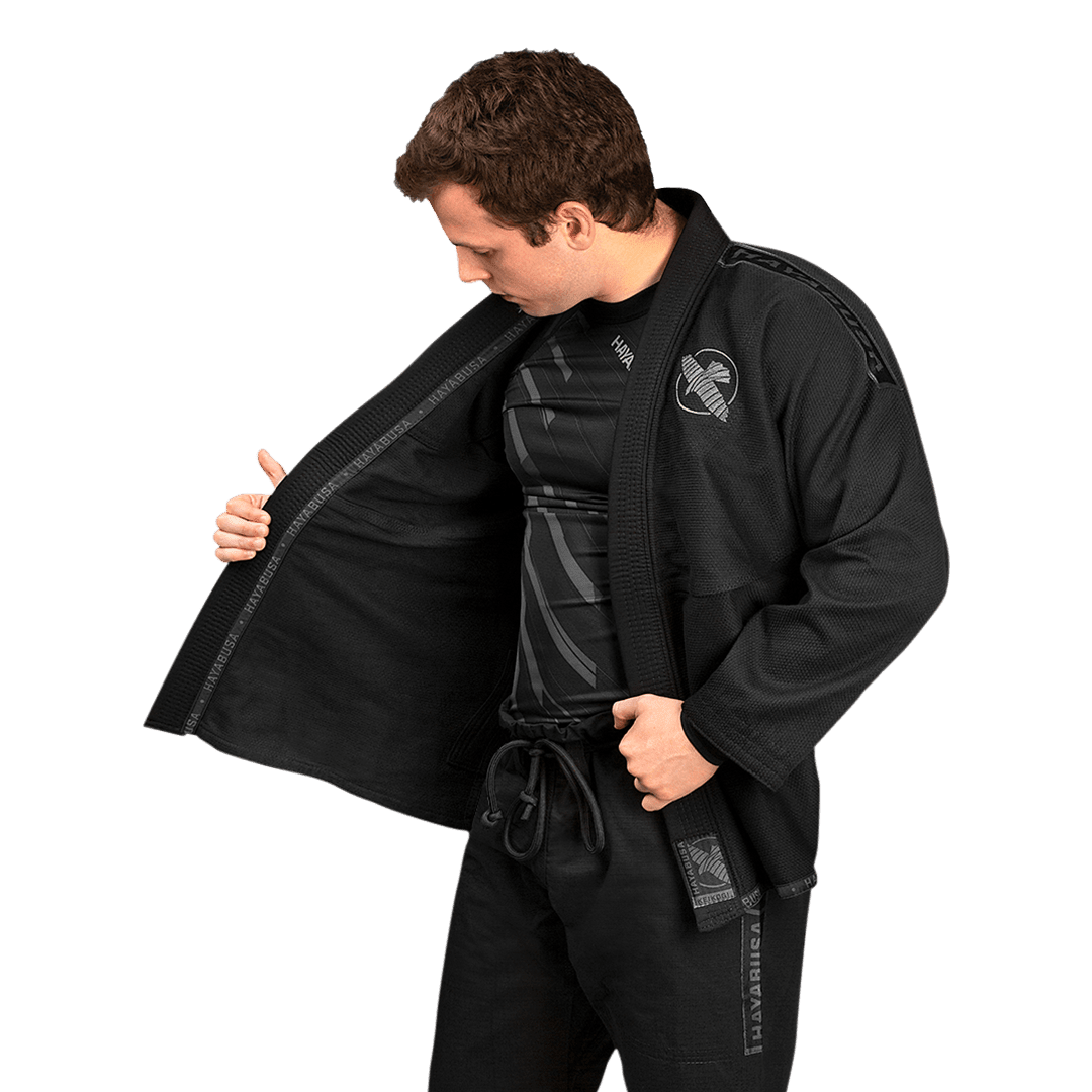 Detail of the labels and internal stitching of the black Hayabusa kimono