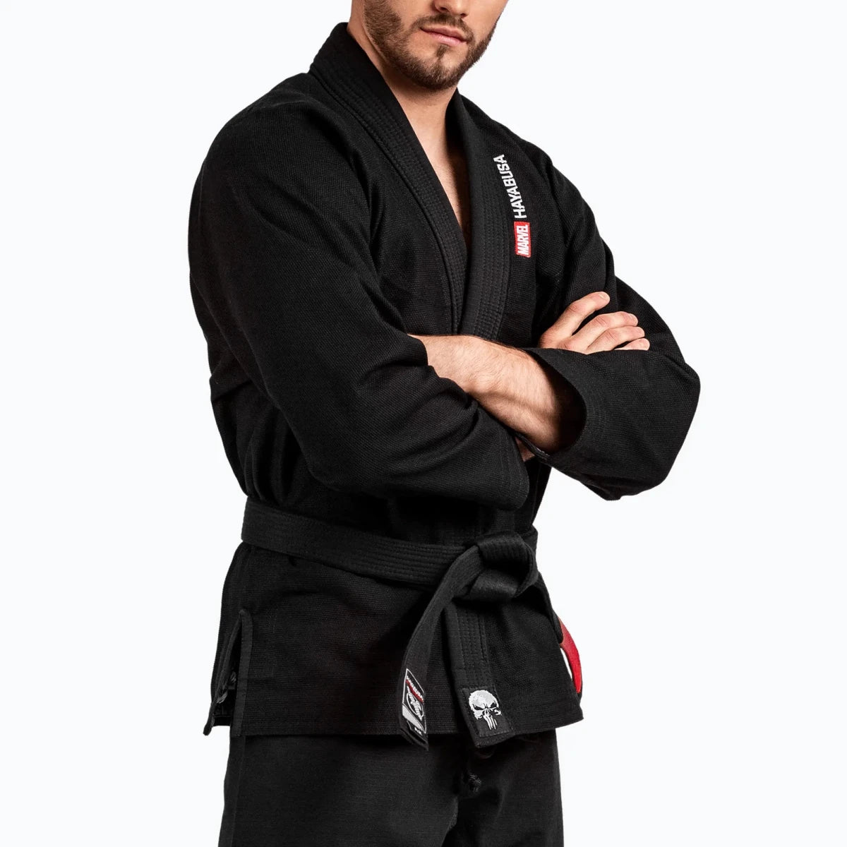 High quality reinforcements and stitching on black Hayabusa Marvel kimono.