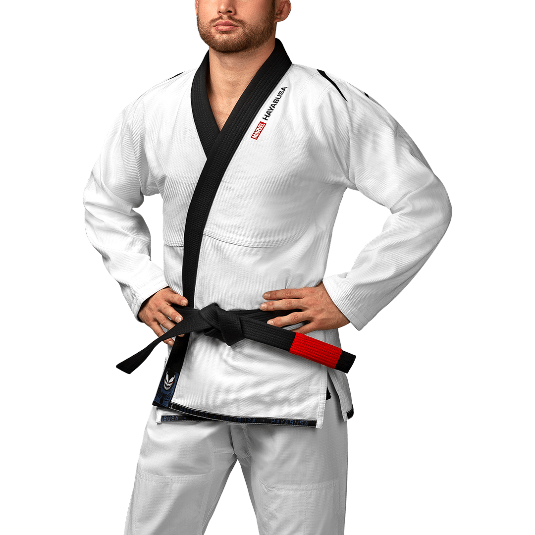 Front view of the white BJJ Hayabusa Marvel Venom kimono with symbiote embroidery and official patches