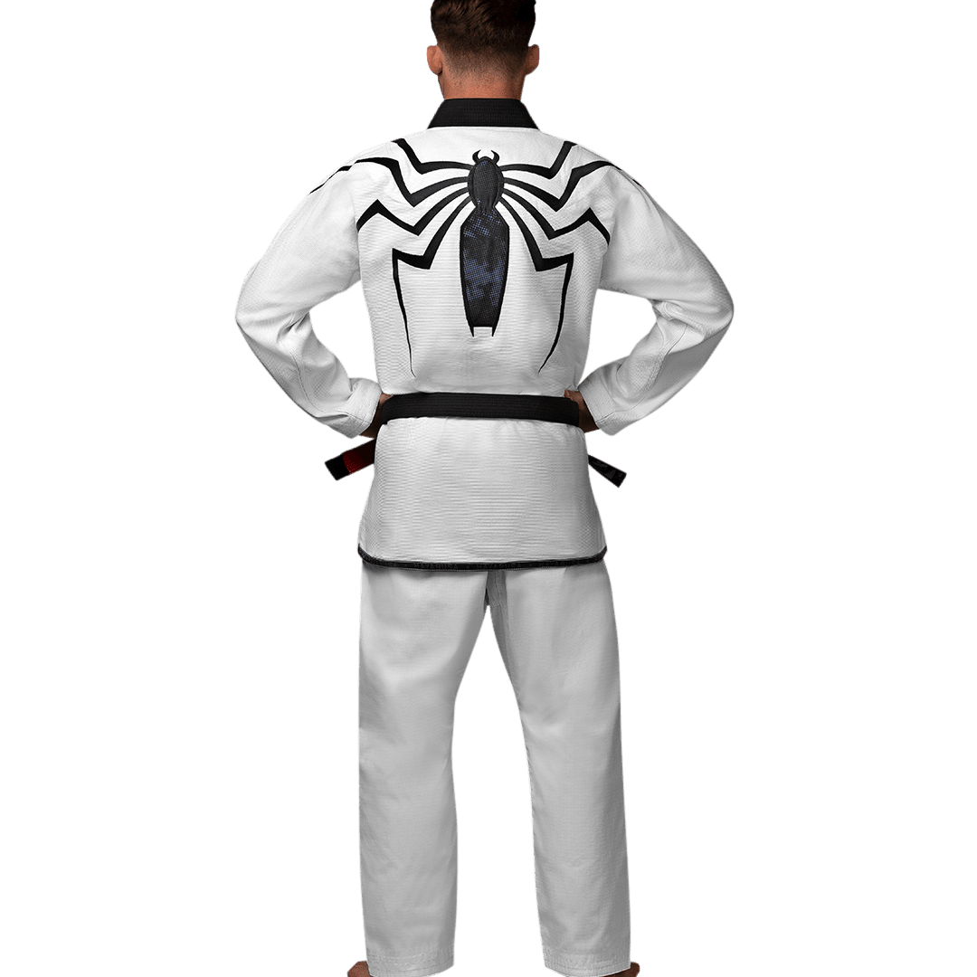 Back of the Marvel Venom Jiu Jitsu Gi kimono showing the ergonomic cut and quality of the reinforced stitching