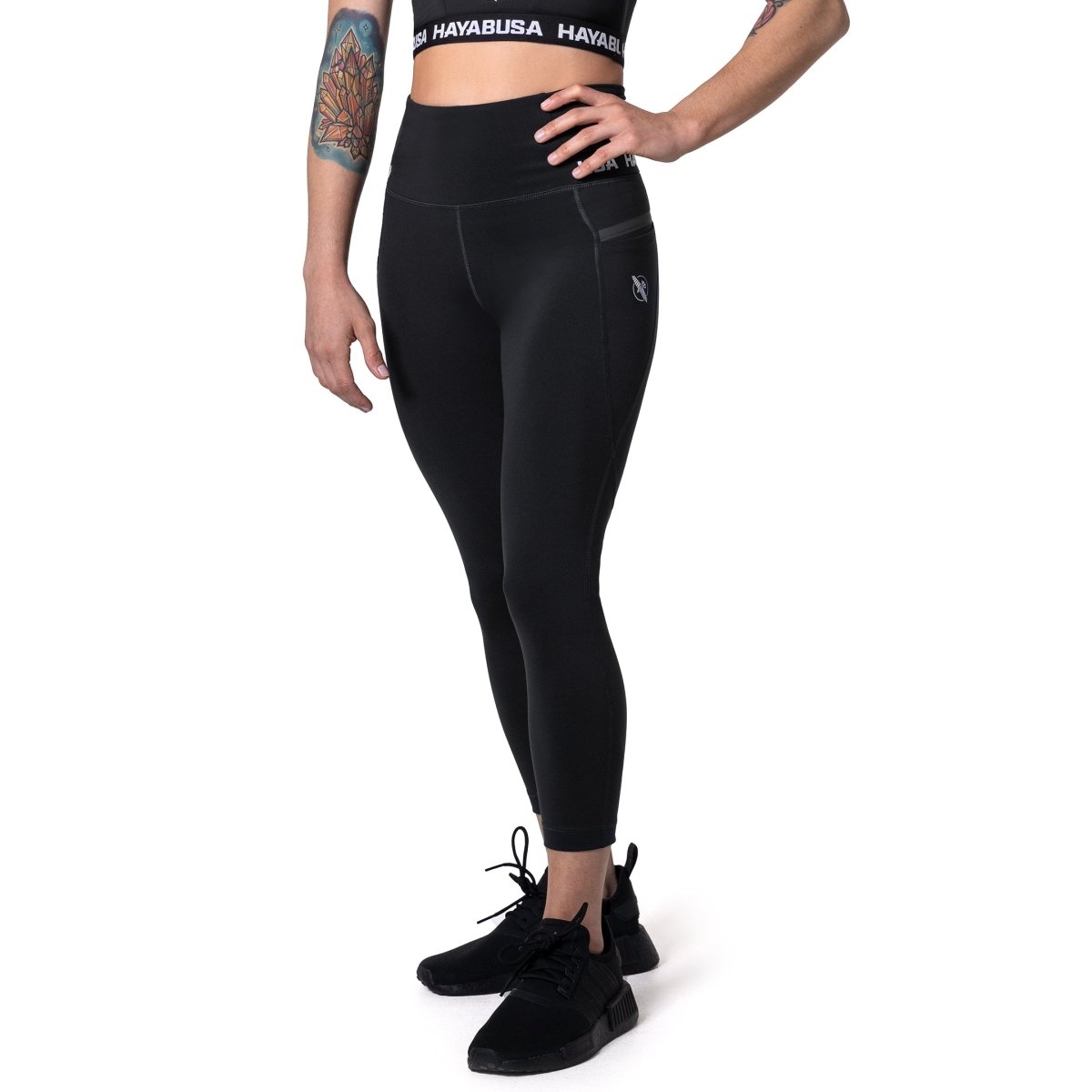 Front view of the Hayabusa High Rise black high-waisted women's 3/4 leggings