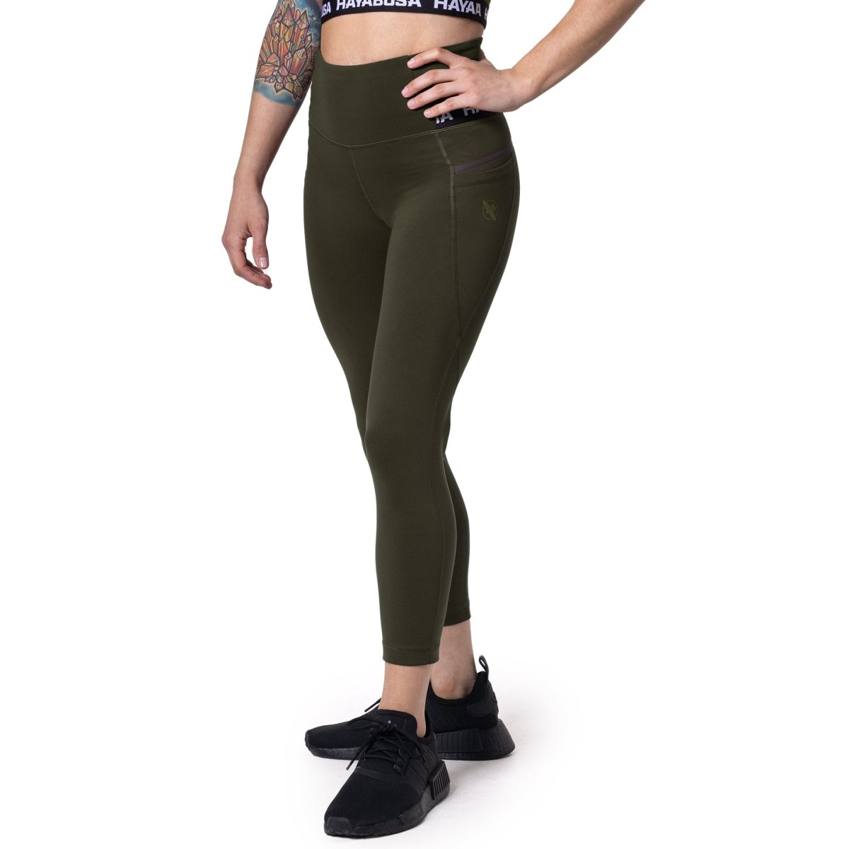 Front view of the Hayabusa High Rise women's 3/4 leggings in olive green