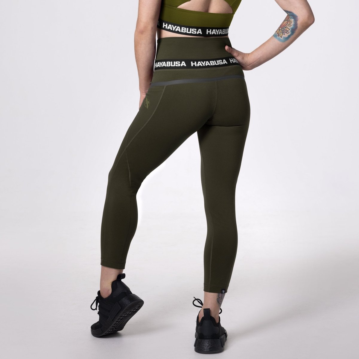 Back view of the olive green Hayabusa 3/4 leggings, breathable 3/4 design