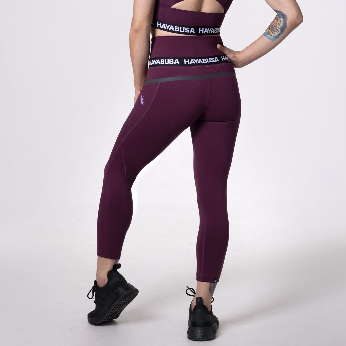 Rear view of the Hayabusa 3/4 leggings in wine color, buttery soft fabric