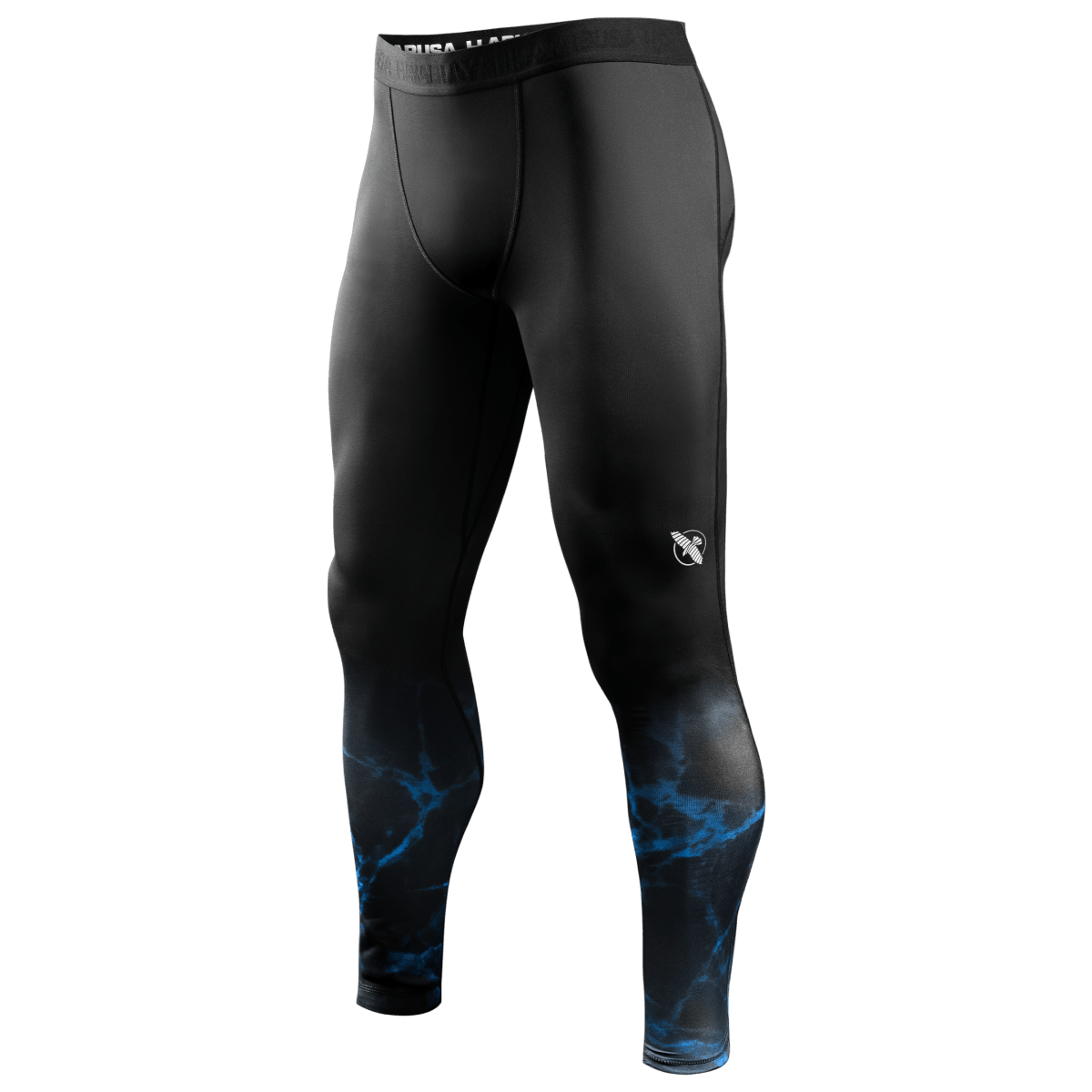 Vista frontale dei leggings a compressione ufficiali UFC BJJ Spats neri con accenti e loghi blu