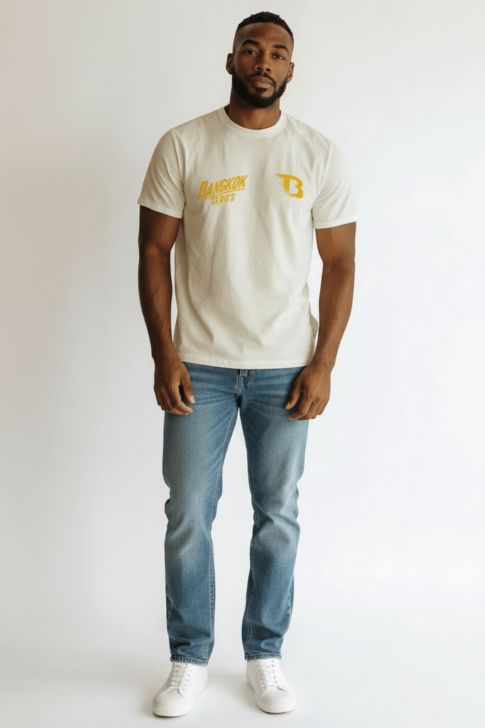 Kaos Booster Bangkok Series putih yang sudah dipakai