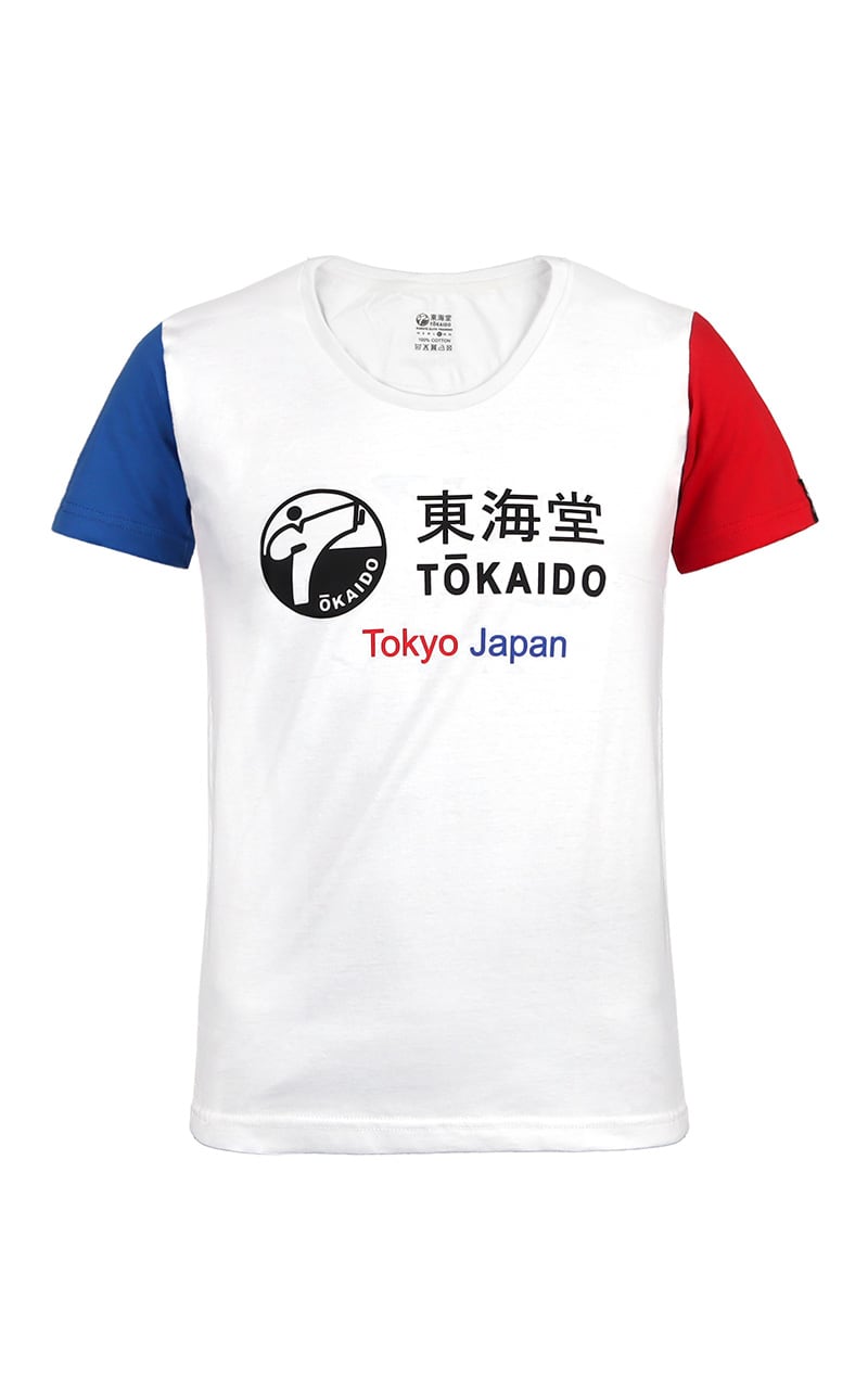 Maglietta karate Tokaido Aka.Colore bianco con maniche rosse e blu