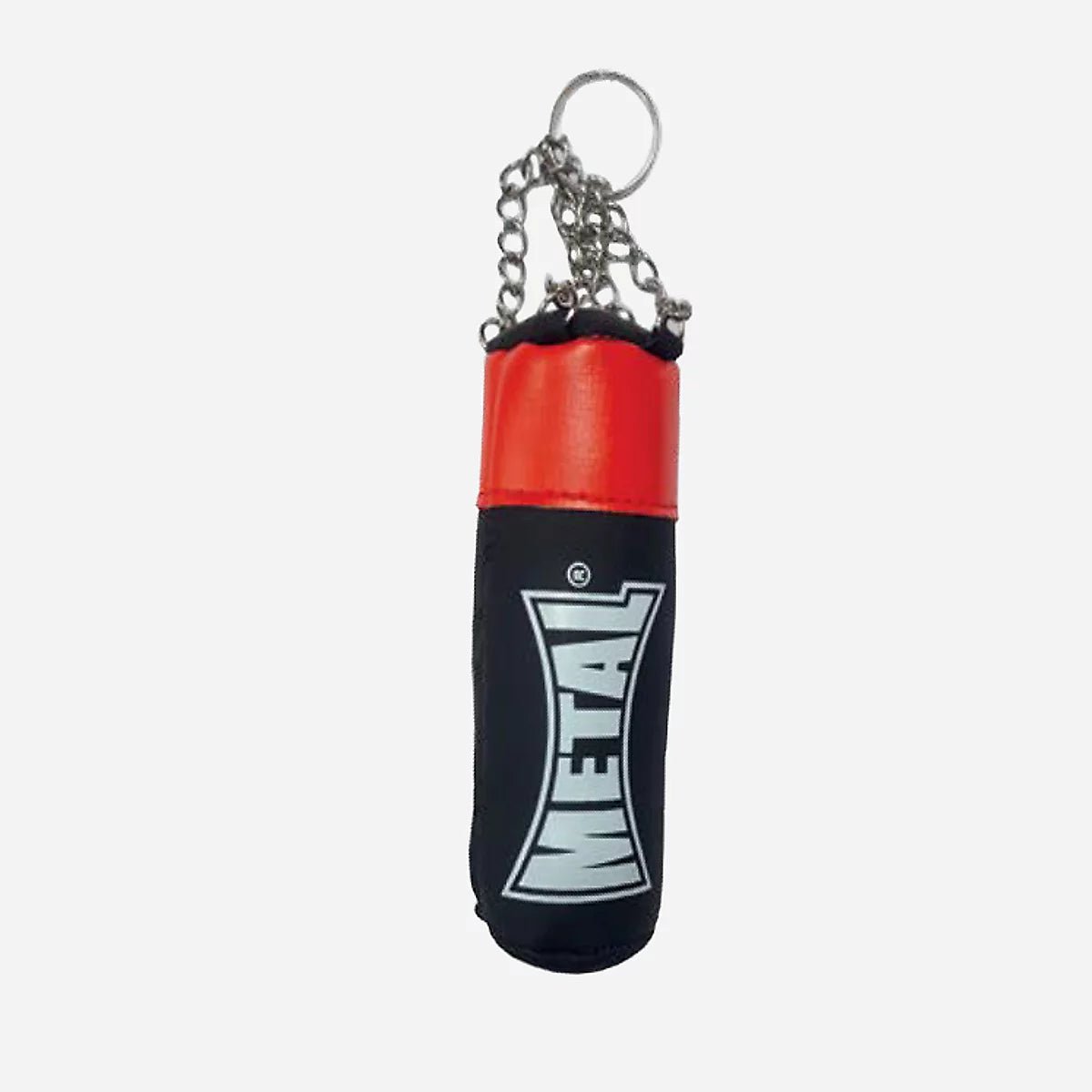 Vista frontal del mini saco de boxeo llavero Metal Boxe con logo resaltado