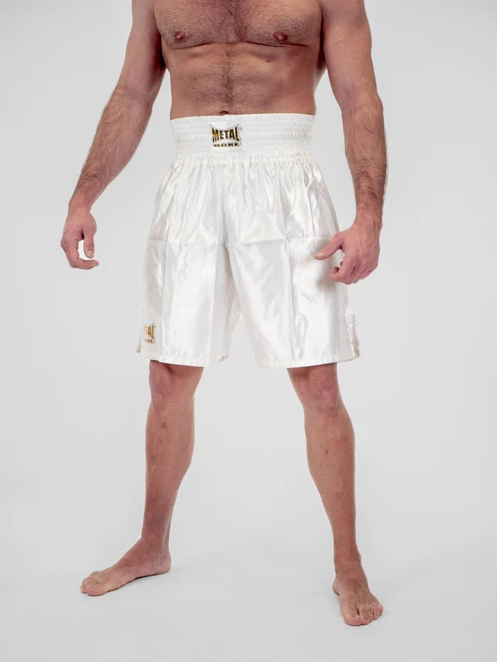Vorderansicht Englische Boxshorts Metal Boxe Pro Line in Weiß und Gold im eleganten Stil