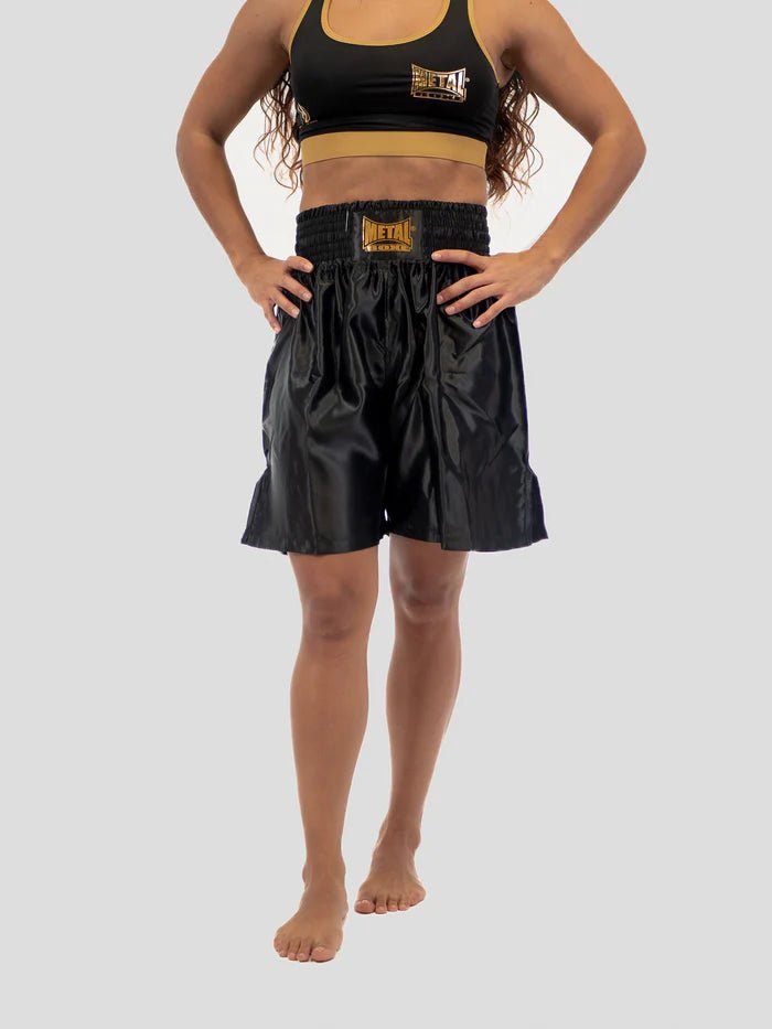 Vorderansicht: professionelle englische Boxshorts von Metal Boxe Pro Line in Schwarz und Gold