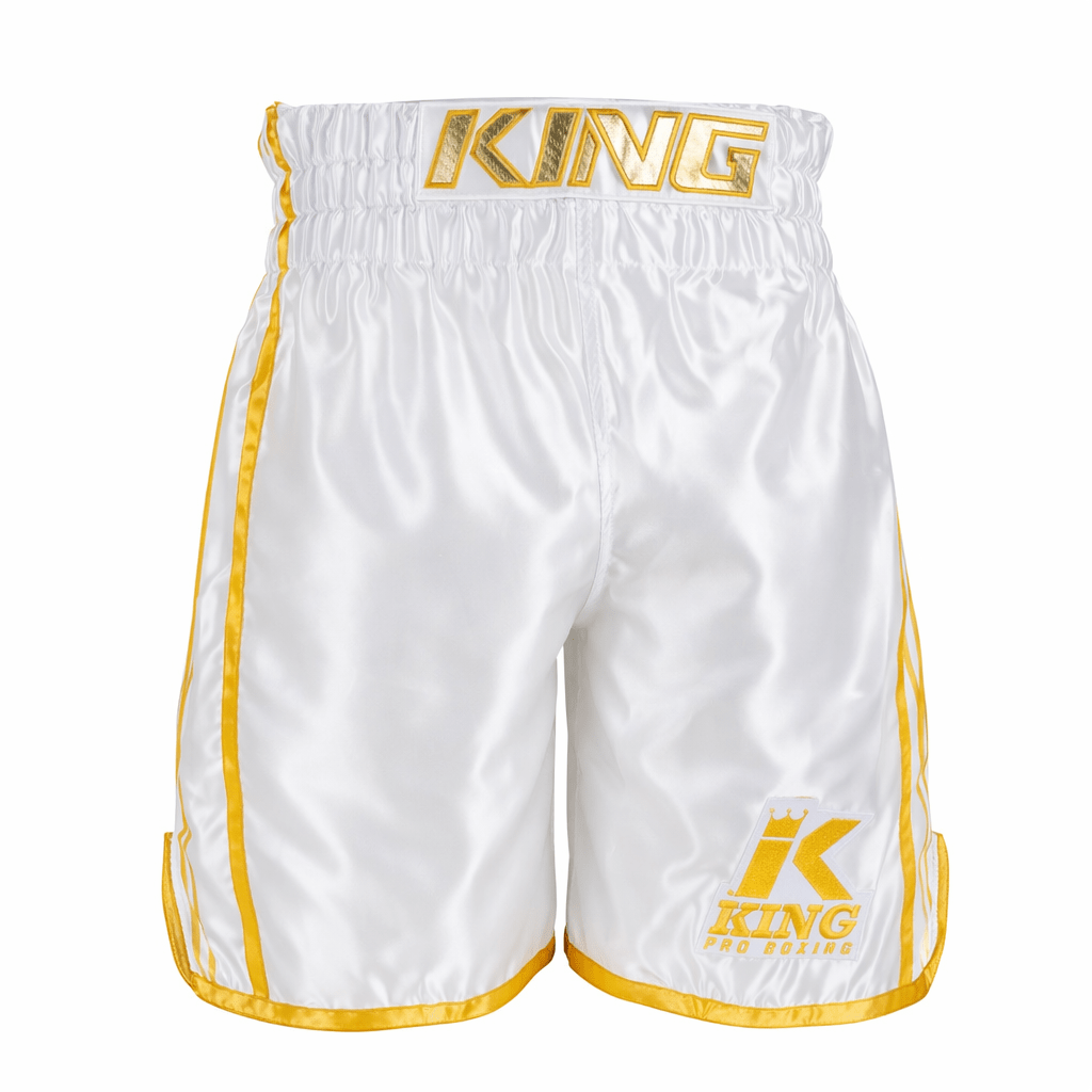 King Pro Boxing XK Series white boxing shorts in high quality shiny satin