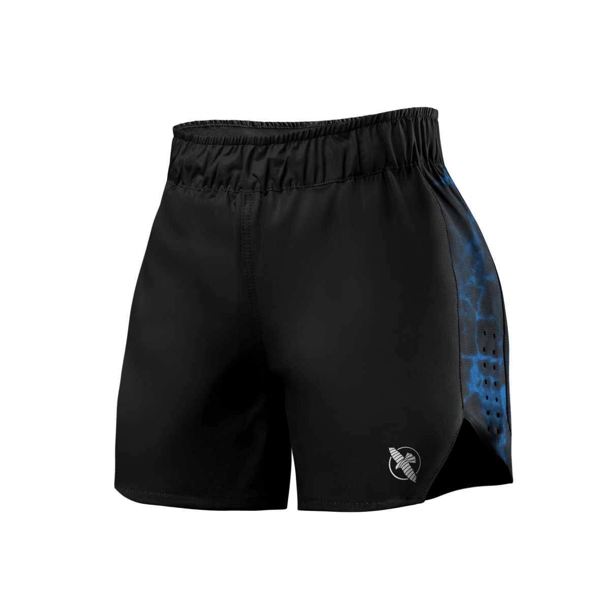 Vorderansicht der UFC BJJ-Shorts für Damen in Schwarz mit blauen Details, leichter Stoff zum Grappling