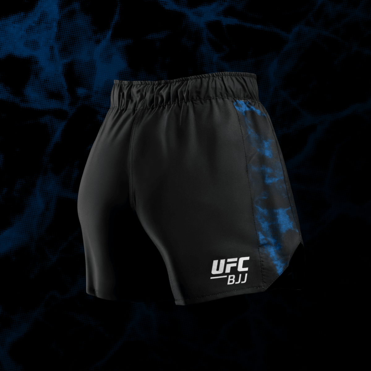 Rückansicht der Damen UFC BJJ Shorts Schwarz/Blau, Schnitt optimiert für No-Gi und Jiu-Jitsu