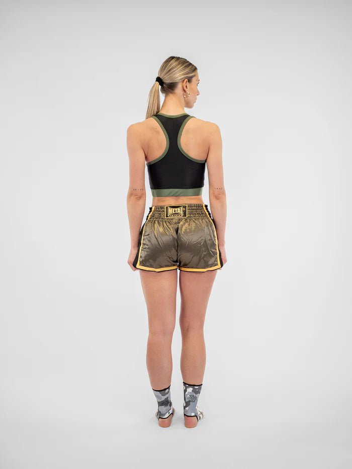 Rückansicht Damen Muay Thai Shorts Metal Boxing Extrem militärgrüner elastischer Bund