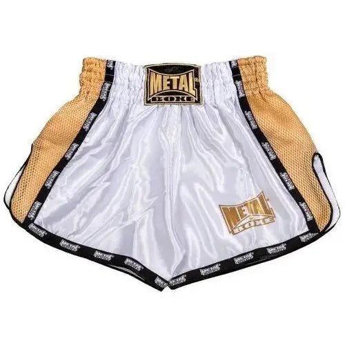 Męskie spodenki do kickboxingu, widok z przodu głównego, Metal Boxing Extreme, białe złoto