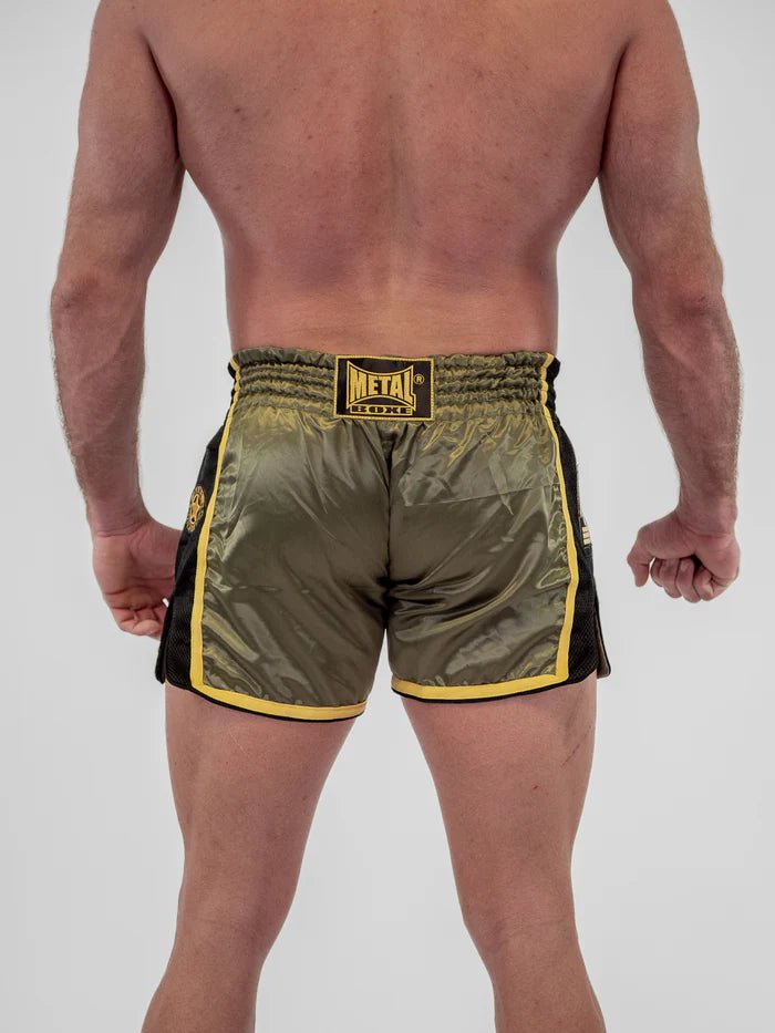 Męskie spodenki Muay Thai, widok z tyłu, Metal Boxing Extrem, wojskowa zieleń, wysoka odporność