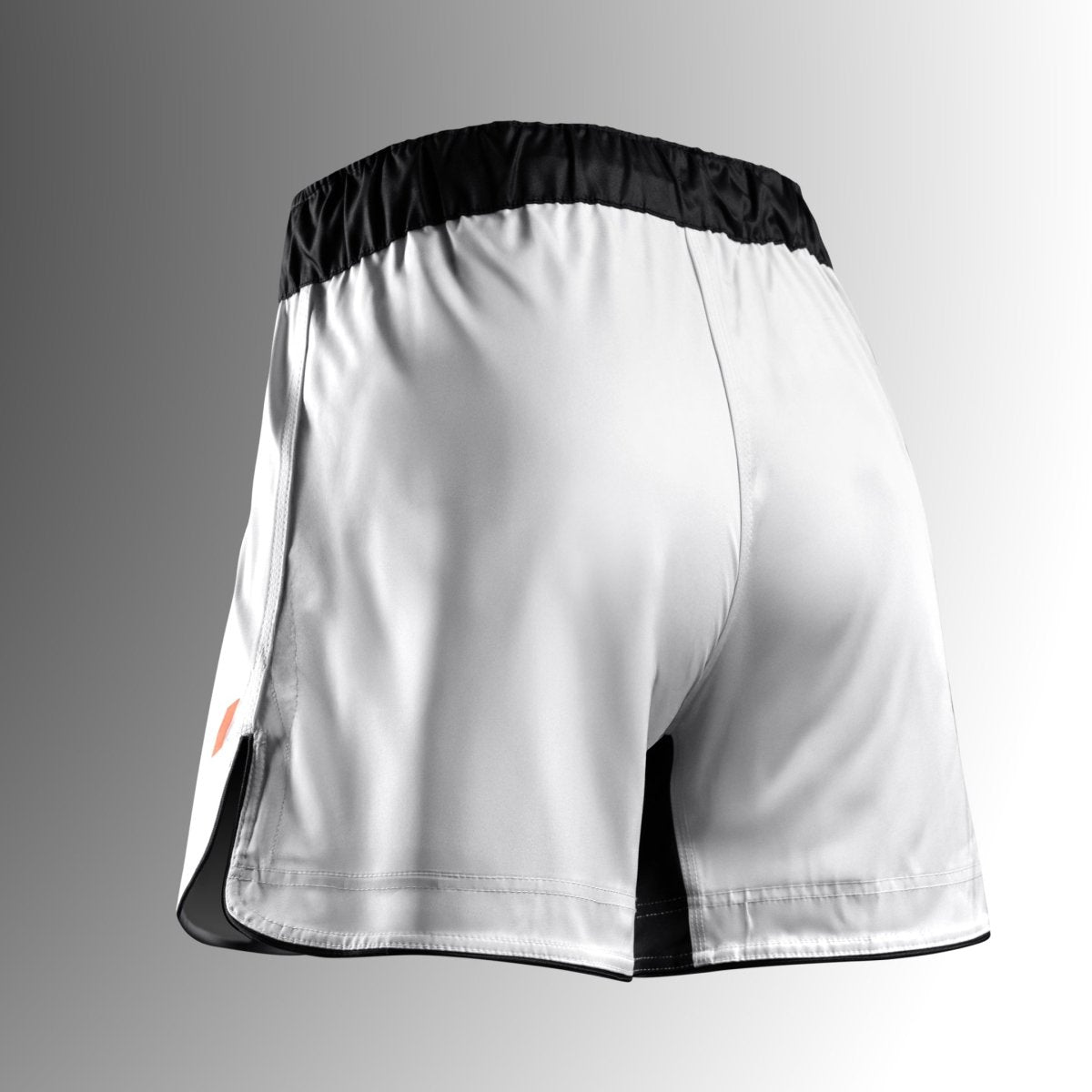 Rückansicht der weißen Hayabusa Apex 3/4 Shorts, verstärkte Flatlock-Nähte