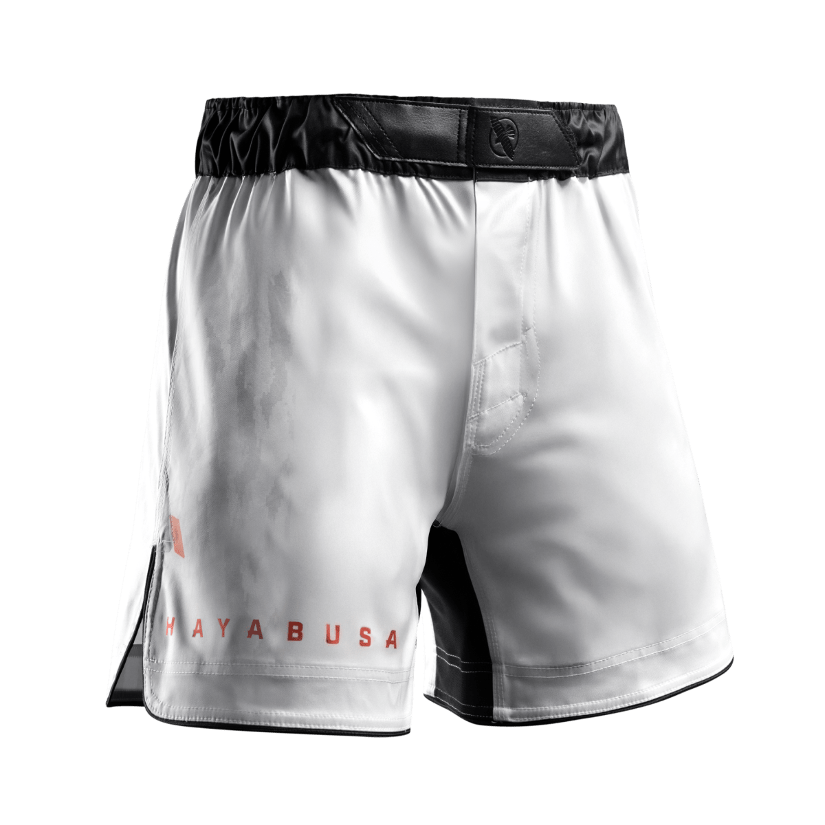 Front view of the white Hayabusa Apex Full-Length MMA Shorts, with side vents for mobility