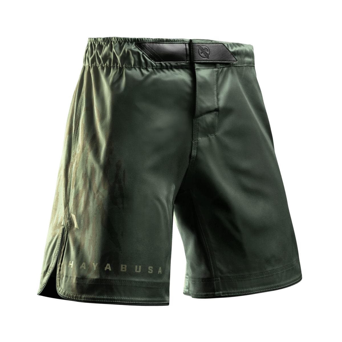 Front view of the green Hayabusa Apex Full-Length MMA Shorts, dual-secure drawstring closure