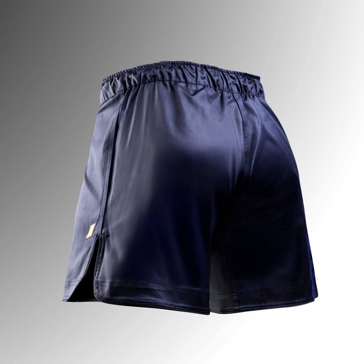 Vista trasera de los pantalones cortos azules de MMA Hayabusa Apex Mid-Thigh MMA, que muestra la cintura segura y la tela resistente a desgarros