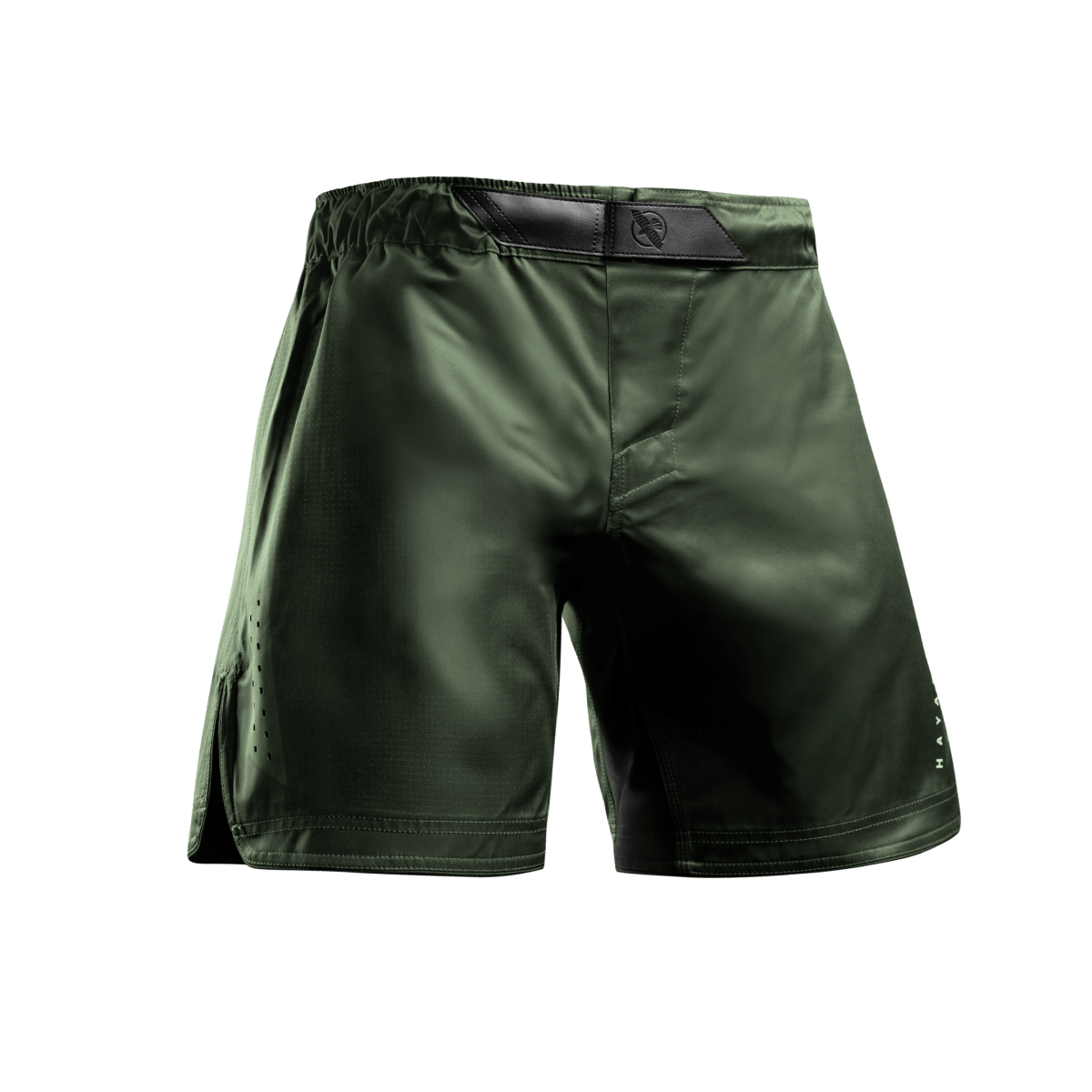 Front view of the green Hayabusa Core Mid-Thigh MMA Shorts with interlock closure