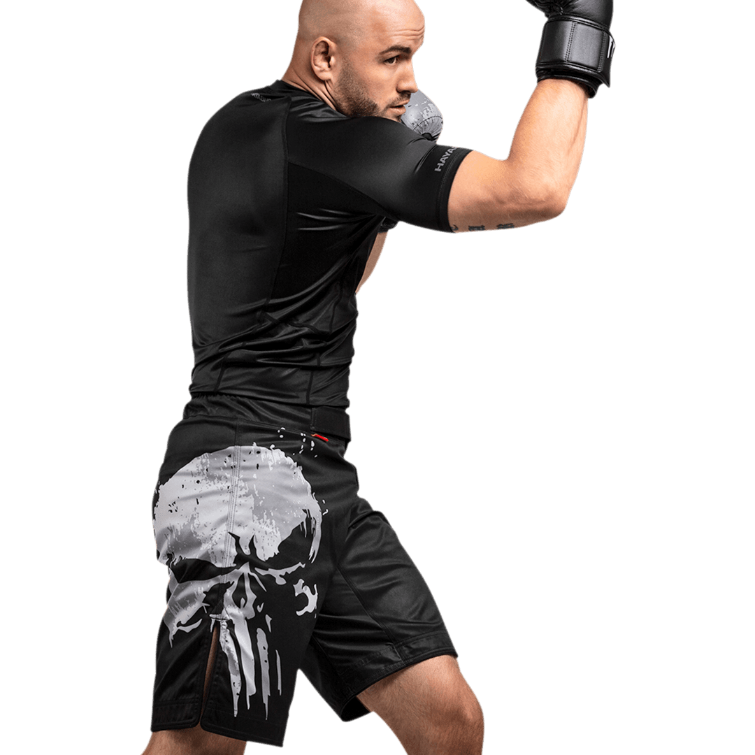 Close-up of The Punisher's iconic graphics printed on the Hayabusa shorts worn, detail of the high definition print