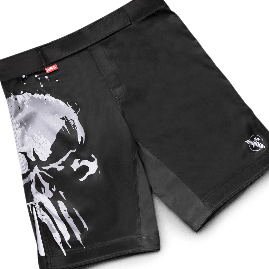 Front view of the Marvel The Punisher Special Edition Hayabusa Fight Shorts on a neutral background