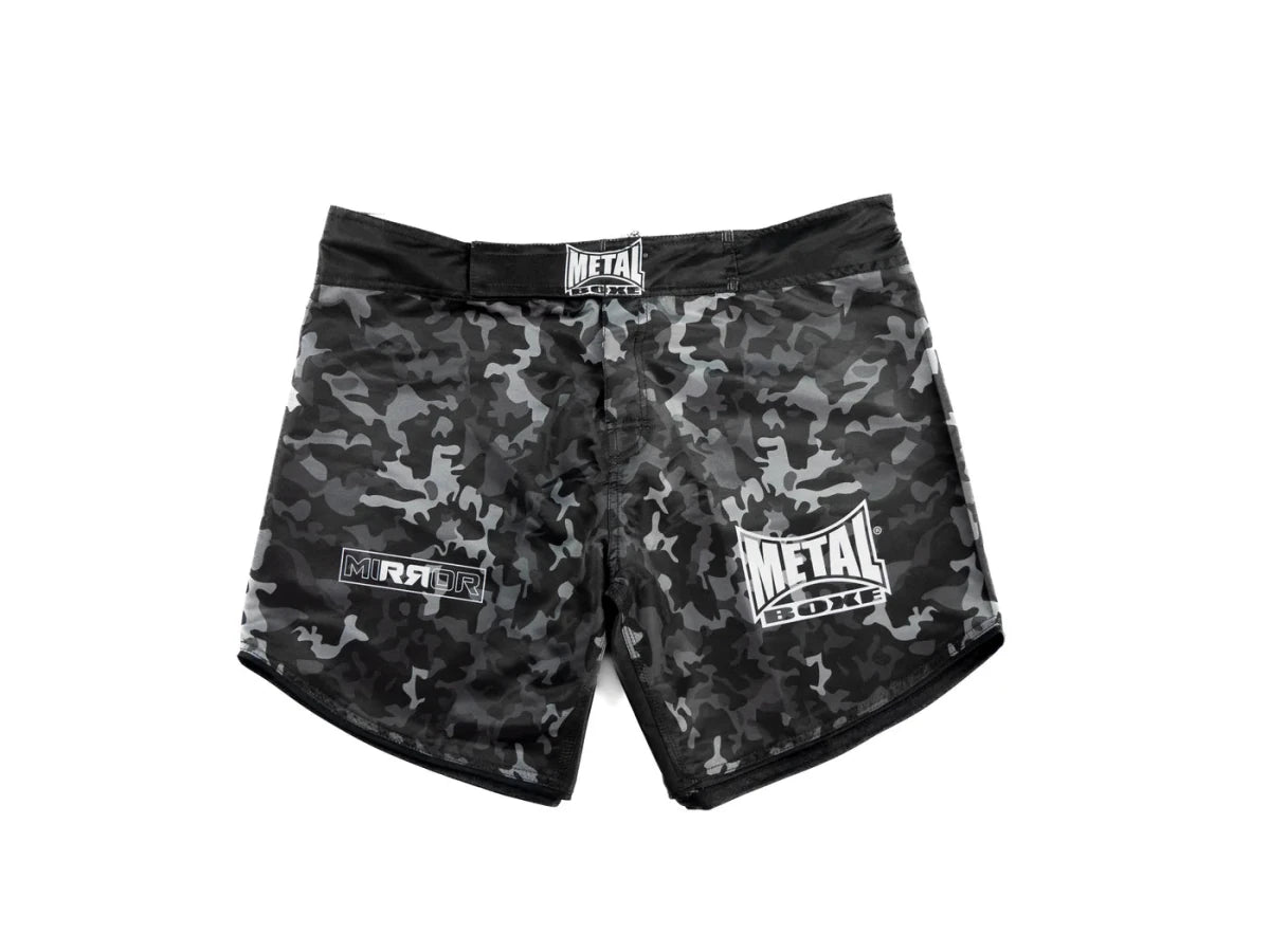 Vista frontal principal Pantalón corto MMA Metal Boxing Mirror efecto espejo negro brillante