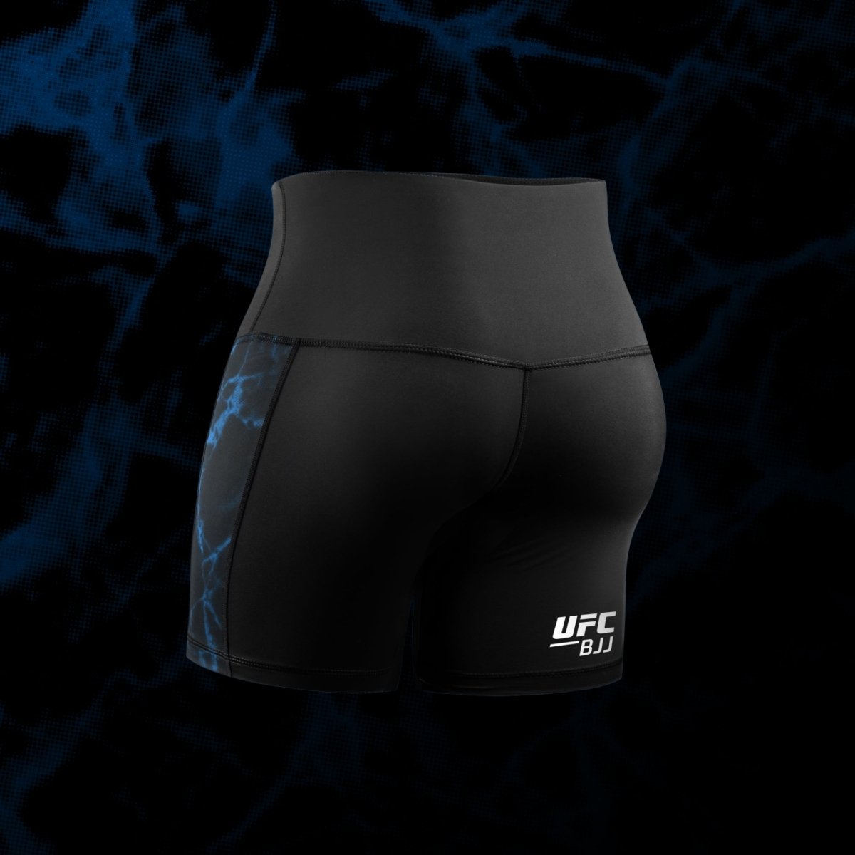 Rear view of the black and blue Vale Tudo UFC women's shorts with silicone elastic