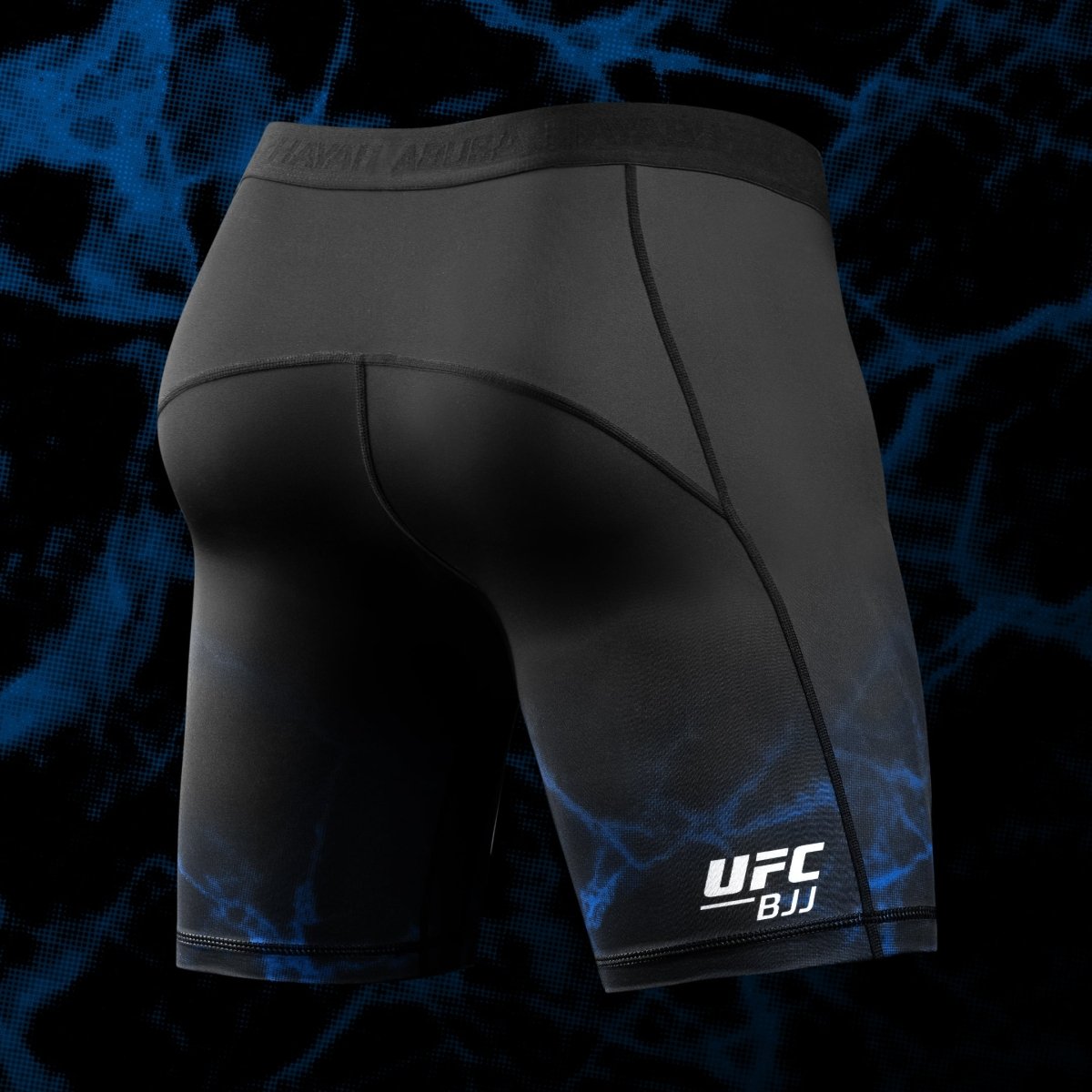 Vue arrière du short officiel UFC BJJ en tissu technique respirant bleu et noir
